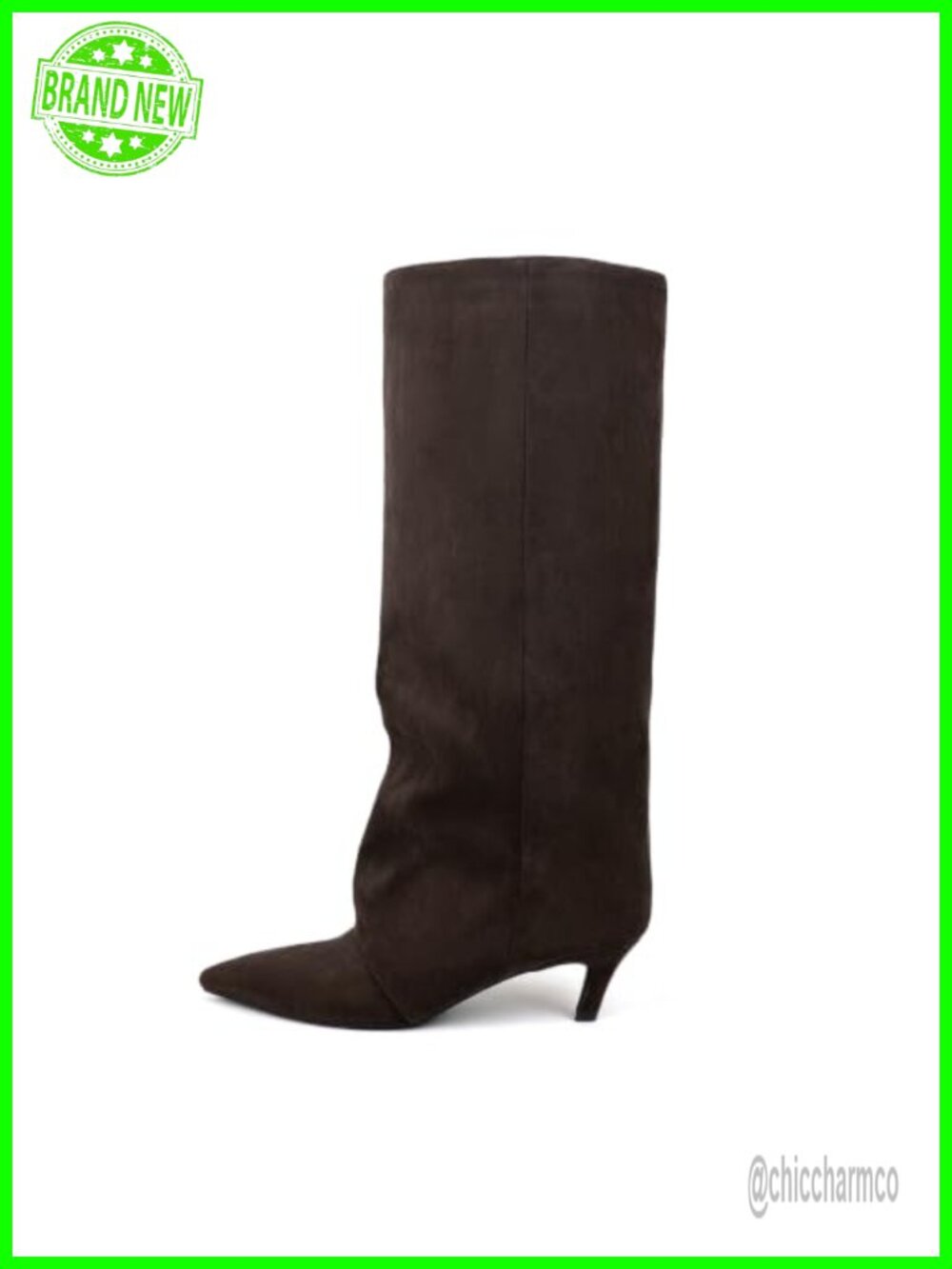 Knee High Boots Pointed Toe Kitten Heel Fold Over Slouchy Pull On